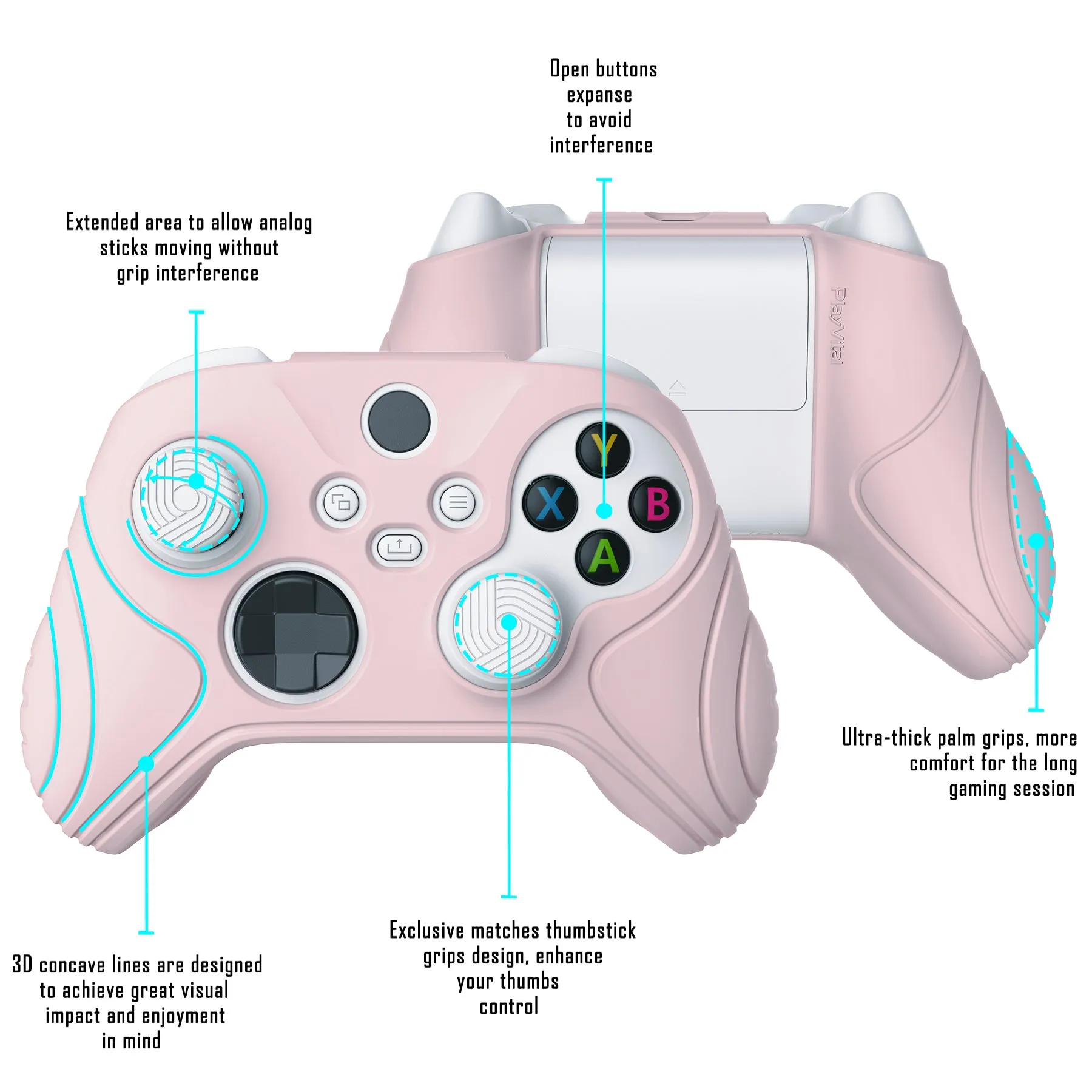 PlayVital Samurai Edition Pink Anti-slip Controller Grip Silicone Skin, Ergonomic Soft Rubber Protective Case Cover for Xbox Series S/X Controller with White Thumb Stick Caps - WAX3005