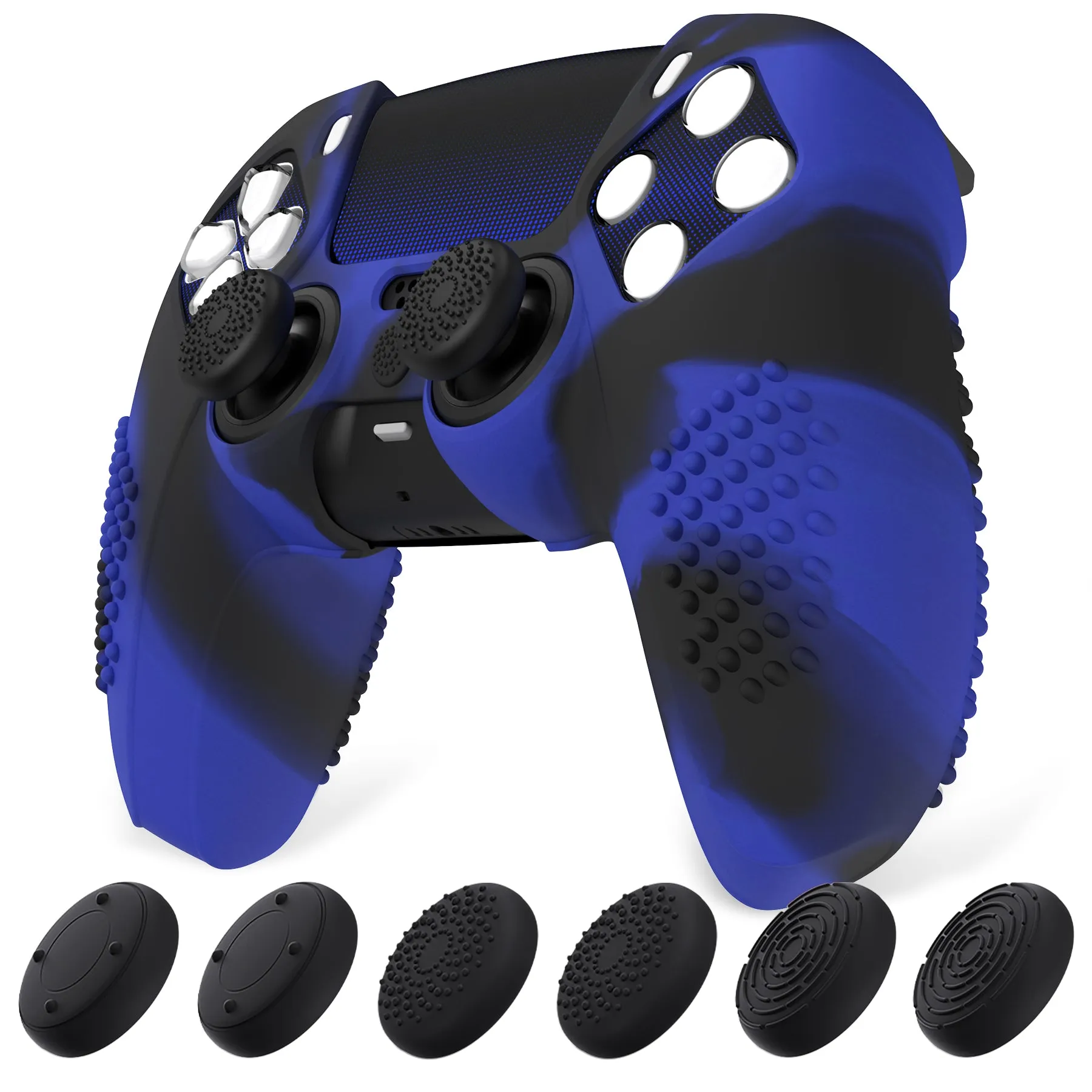 PlayVital Upgraded 3D Studded Edition Blue & Black Silicone Cover Skin for PS5 Controller with 6 Thumb Grips & 2 Stickers, Anti-Slip Shockproof Controller Grip Case - Compatible with Charging Dock - TVAPFP004