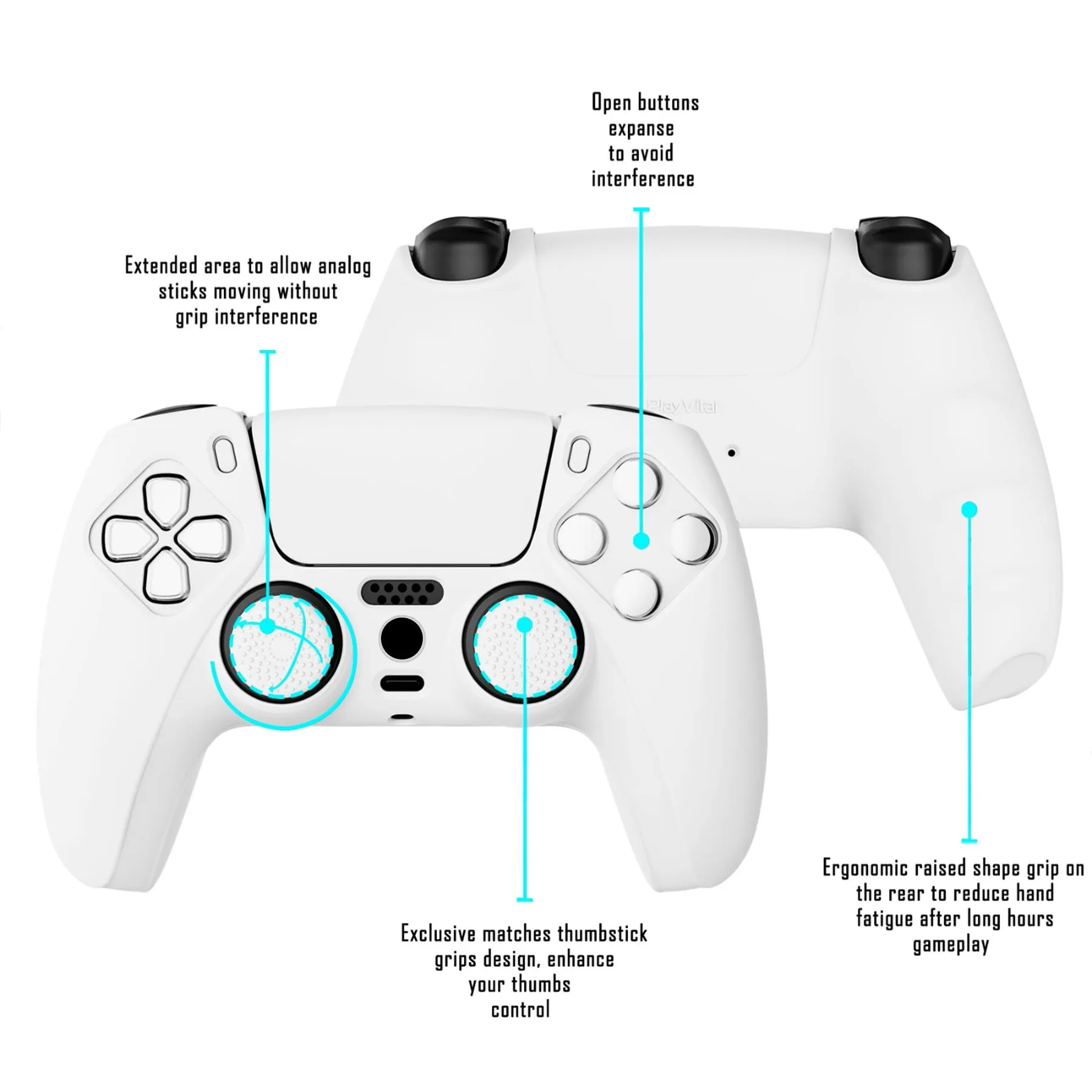 PlayVital White Pure Series Anti-Slip Silicone Cover Skin for Playstation 5 Controller, Soft Rubber Case for PS5 Controller with White Thumb Grip Caps - KOPF002