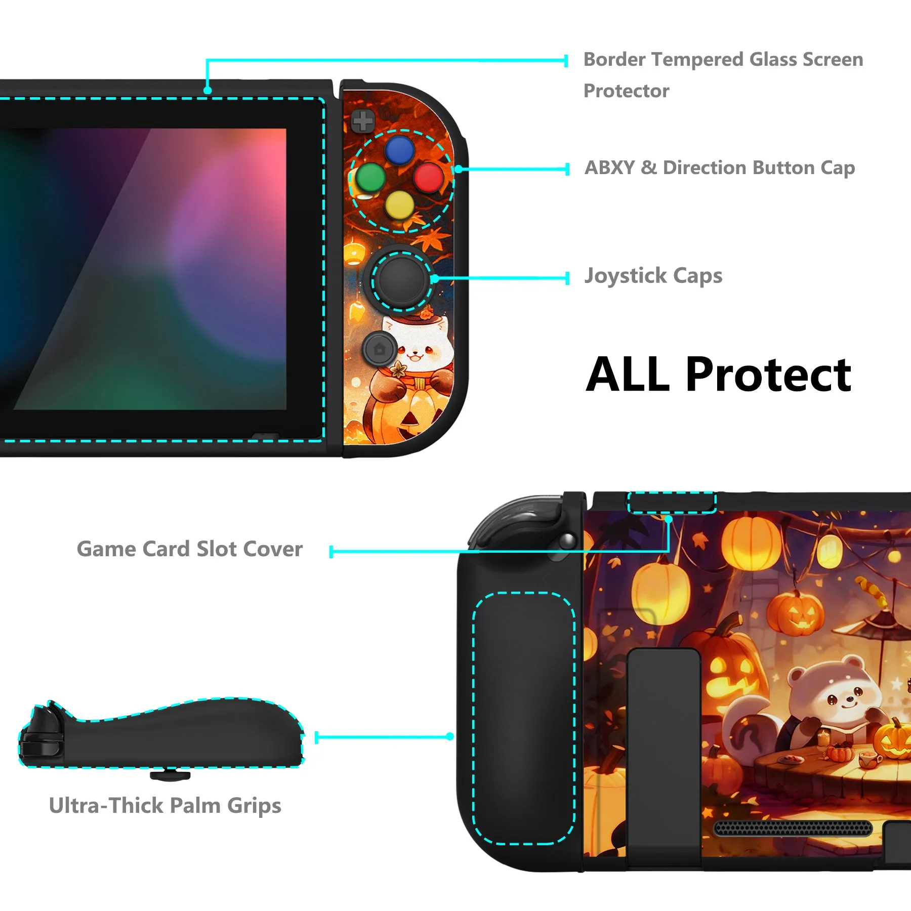 PlayVital ZealProtect Soft Protective Case for Nintendo Switch, Flexible Cover for Switch with Tempered Glass Screen Protector & Thumb Grips & ABXY Direction Button Caps - Halloween Pumpkin Fest - RNSYV6051