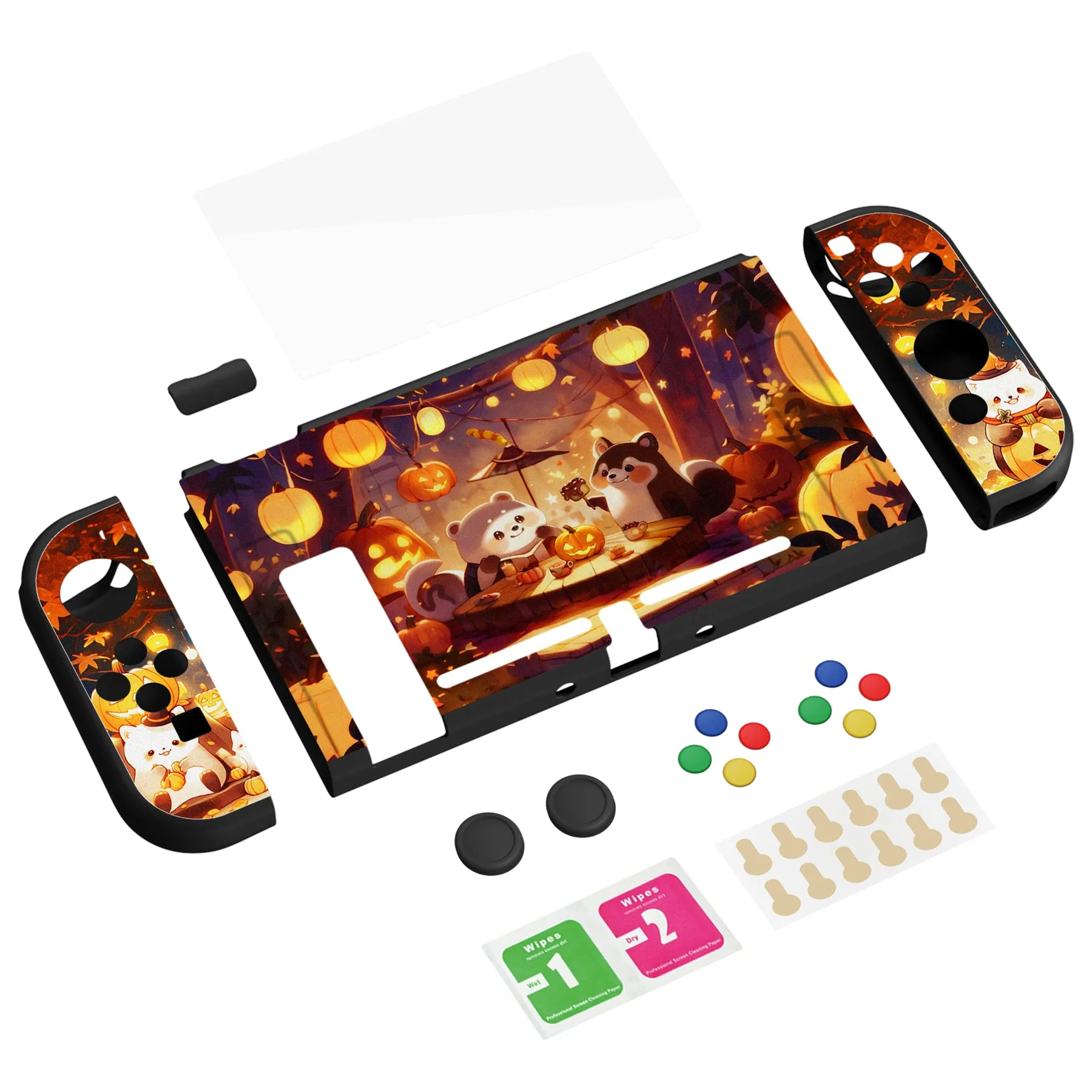 PlayVital ZealProtect Soft Protective Case for Nintendo Switch, Flexible Cover for Switch with Tempered Glass Screen Protector & Thumb Grips & ABXY Direction Button Caps - Halloween Pumpkin Fest - RNSYV6051