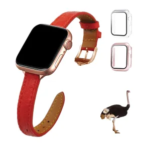 Red Flat Ostrich Leather Band Compatible Apple Watch Iwatch 41mm Screen Protector Case Gold Adapter Replacement Strap For Smartwatch Series 7 8 Leather Handmade AW-190G-W-41MM