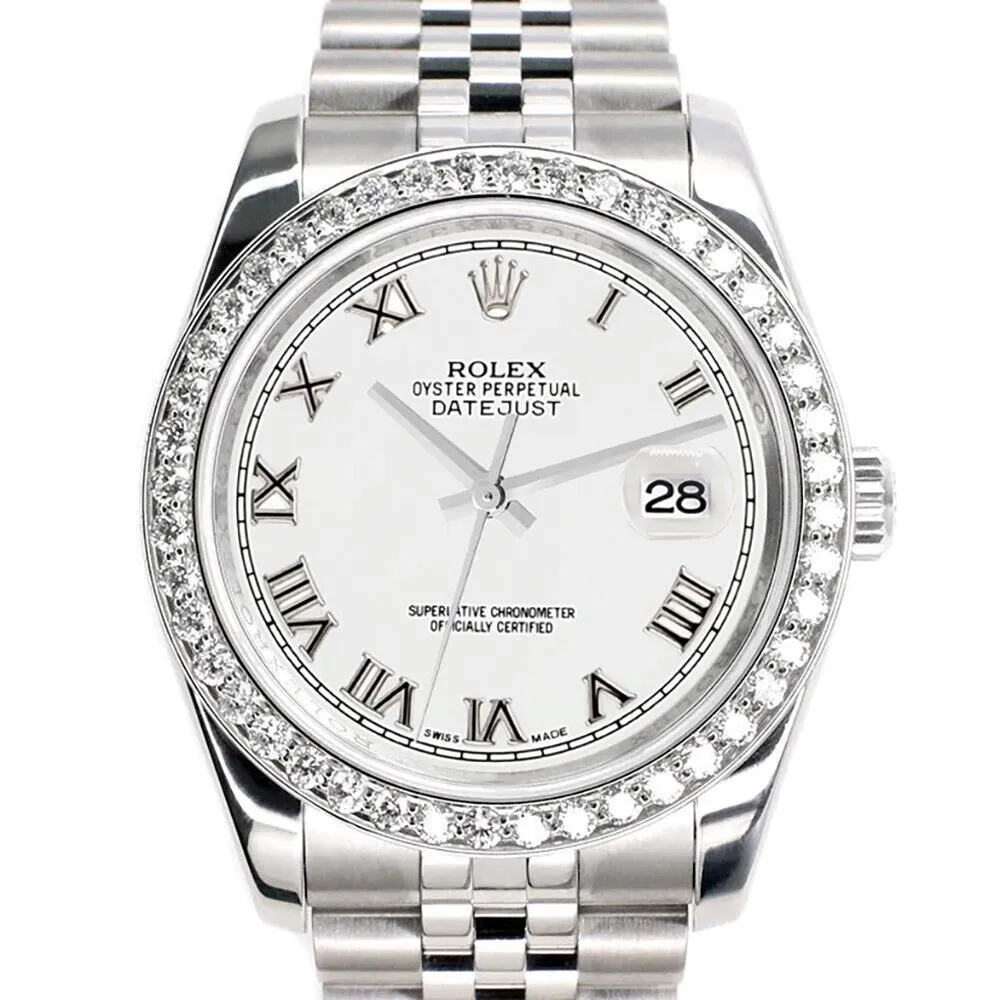 Rolex Datejust 36MM White Roman Dial Watch with 2CT Custom Diamond Bezel   TFJ-142507962