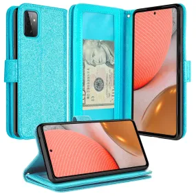 Samsung Galaxy A02s Case, Galaxy A02s Case, Glitter Faux Leather Flip Credit Card Holder Wrist Strap Shockproof Protective Wallet Case Clutch for Galaxy A02s - Teal