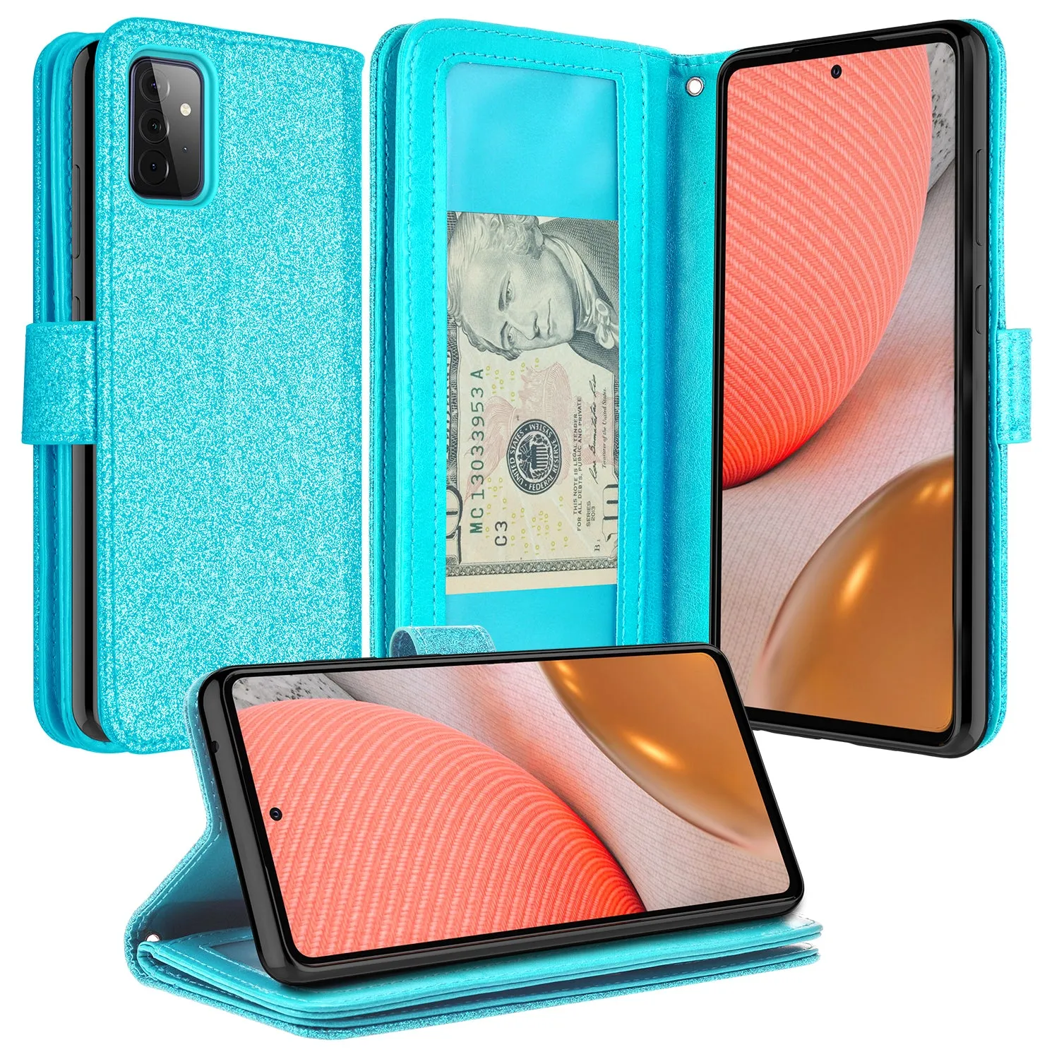 Samsung Galaxy A02s Case, Galaxy A02s Case, Glitter Faux Leather Flip Credit Card Holder Wrist Strap Shockproof Protective Wallet Case Clutch for Galaxy A02s - Teal