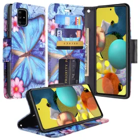 Samsung Galaxy A51 5G Case, Galaxy A51 5G Wallet Case, Wrist Strap Pu Leather Wallet Case [Kickstand] with ID & Credit Card Slots - Blue Butterfly