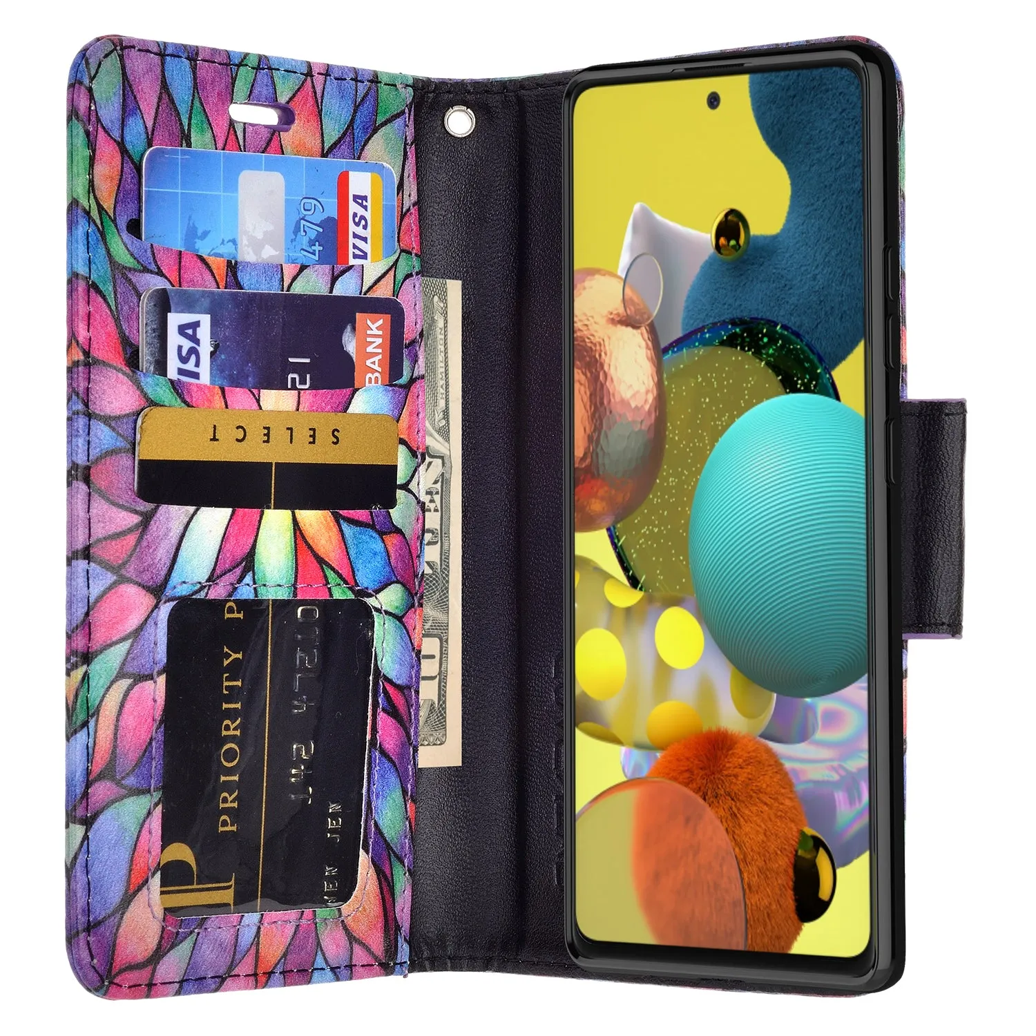 Samsung Galaxy A51 5G Case, Galaxy A51 5G Wallet Case, Wrist Strap Pu Leather Wallet Case [Kickstand] with ID & Credit Card Slots - Rainbow Flower