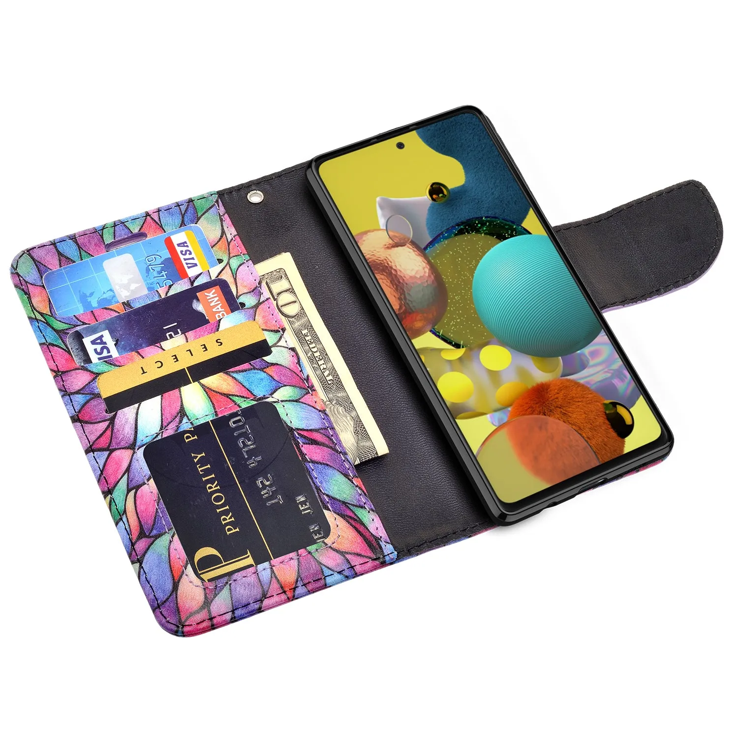 Samsung Galaxy A51 5G Case, Galaxy A51 5G Wallet Case, Wrist Strap Pu Leather Wallet Case [Kickstand] with ID & Credit Card Slots - Rainbow Flower