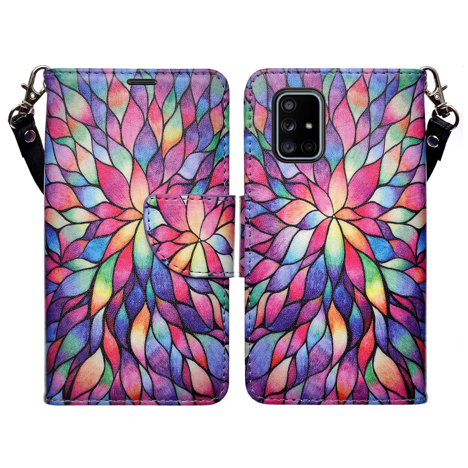 Samsung Galaxy A51 5G Case, Galaxy A51 5G Wallet Case, Wrist Strap Pu Leather Wallet Case [Kickstand] with ID & Credit Card Slots - Rainbow Flower