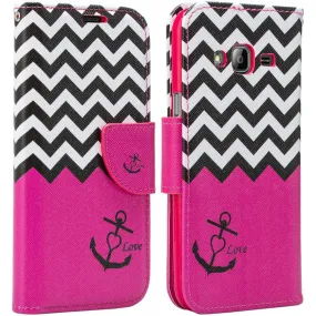 Samsung Galaxy Core Prime Wallet Case, Wrist Strap Flip [Kickstand] Pu Leather Wallet Case with ID & Credit Card Slots, Hot Pink Anchor