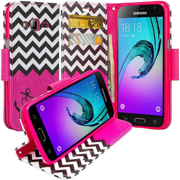 Samsung Galaxy Core Prime Wallet Case, Wrist Strap Flip [Kickstand] Pu Leather Wallet Case with ID & Credit Card Slots, Hot Pink Anchor