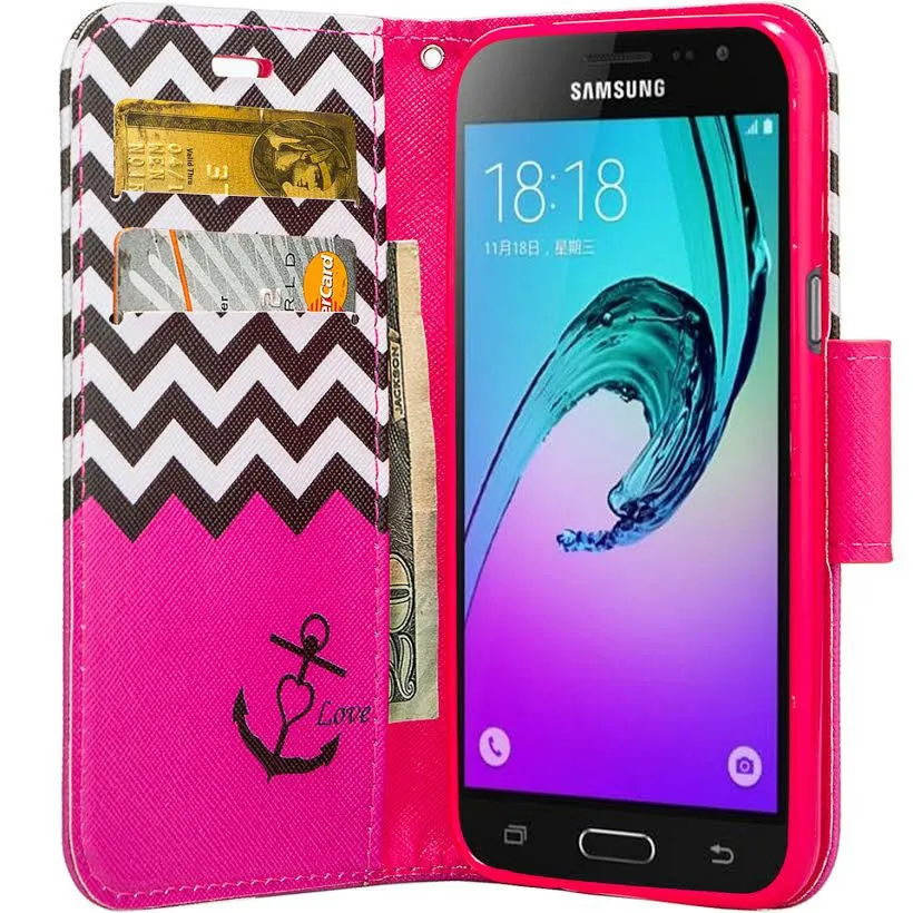 Samsung Galaxy Core Prime Wallet Case, Wrist Strap Flip [Kickstand] Pu Leather Wallet Case with ID & Credit Card Slots, Hot Pink Anchor