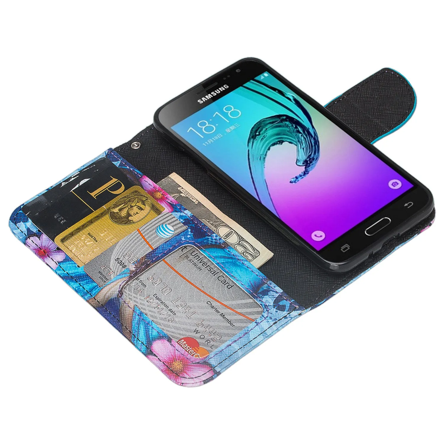 Samsung Galaxy J3 Case, J3V Case | Galaxy Express Prime Case | Galaxy Sky Case | Amp Prime Case | Galaxy Sol Wrist Strap Pu Leather Magnetic Fold Wallet Case with ID & Card Slots - Blue Butterfly