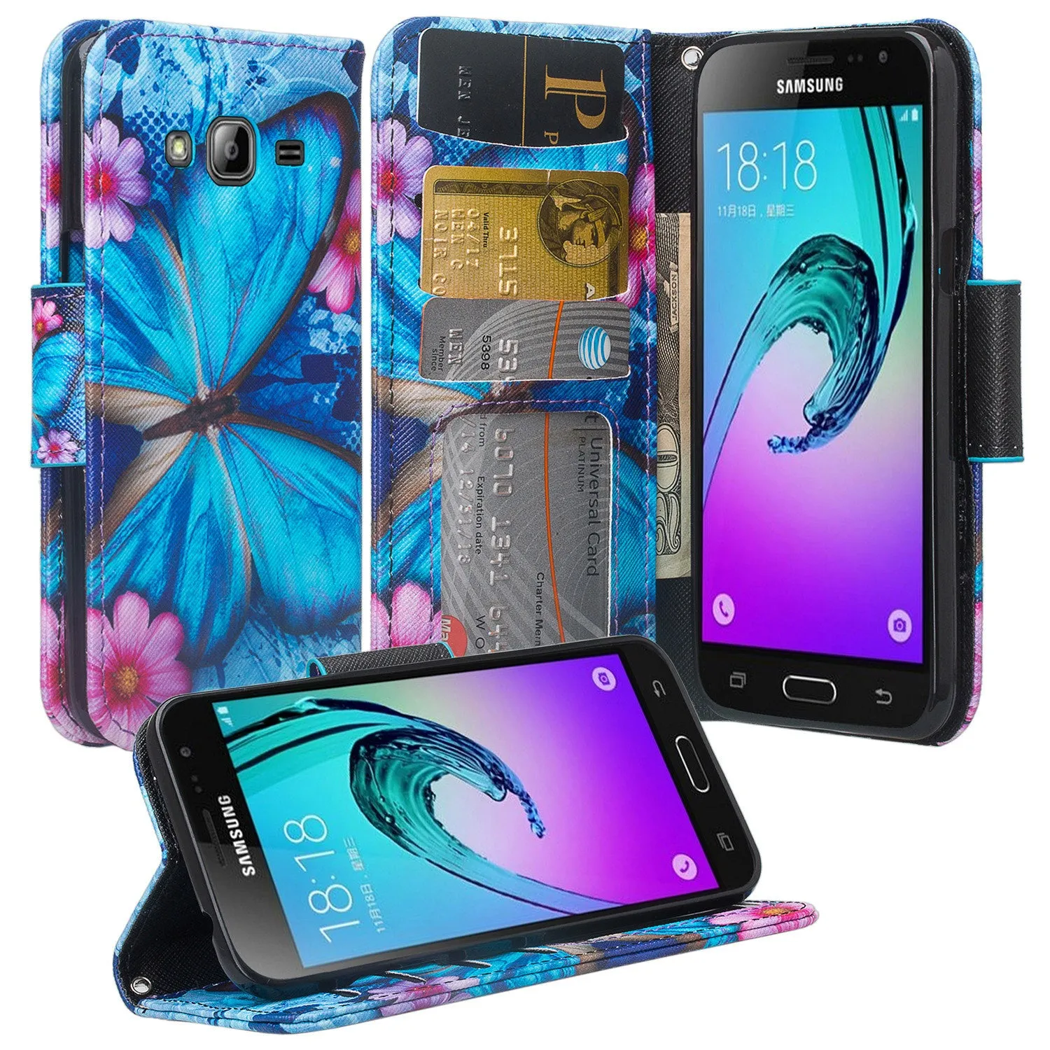 Samsung Galaxy J3 Case, J3V Case | Galaxy Express Prime Case | Galaxy Sky Case | Amp Prime Case | Galaxy Sol Wrist Strap Pu Leather Magnetic Fold Wallet Case with ID & Card Slots - Blue Butterfly