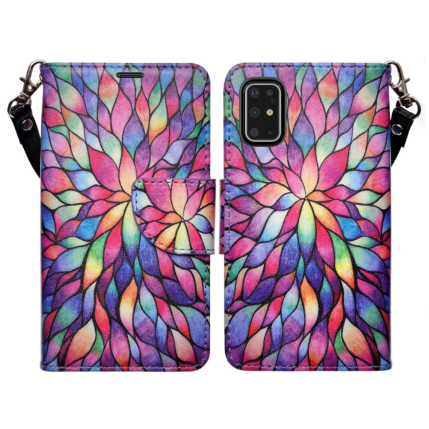 Samsung Galaxy S20 Case, Galaxy S20 Wallet Case, Wrist Strap Pu Leather Wallet Case [Kickstand] with ID & Credit Card Slots - Rainbow Flower