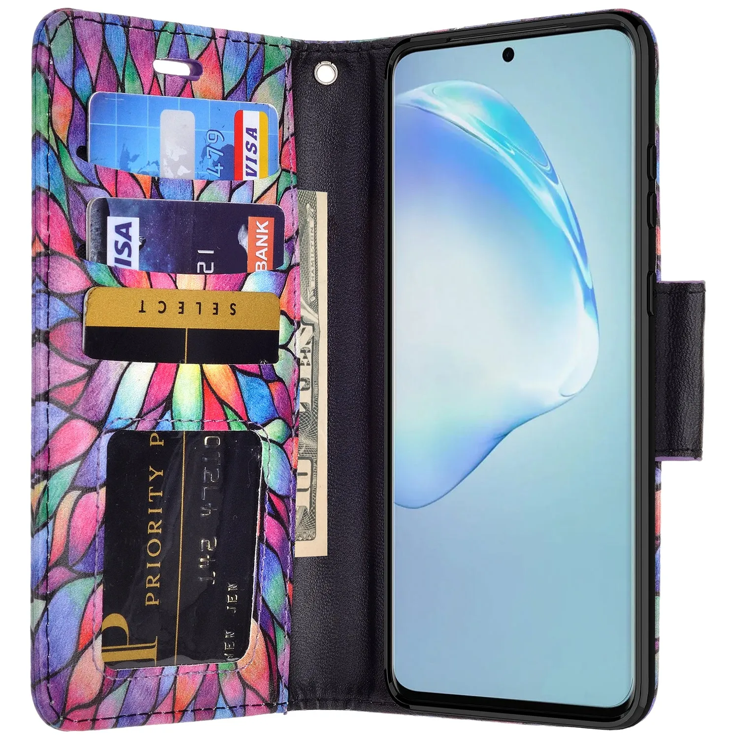 Samsung Galaxy S20 Case, Galaxy S20 Wallet Case, Wrist Strap Pu Leather Wallet Case [Kickstand] with ID & Credit Card Slots - Rainbow Flower