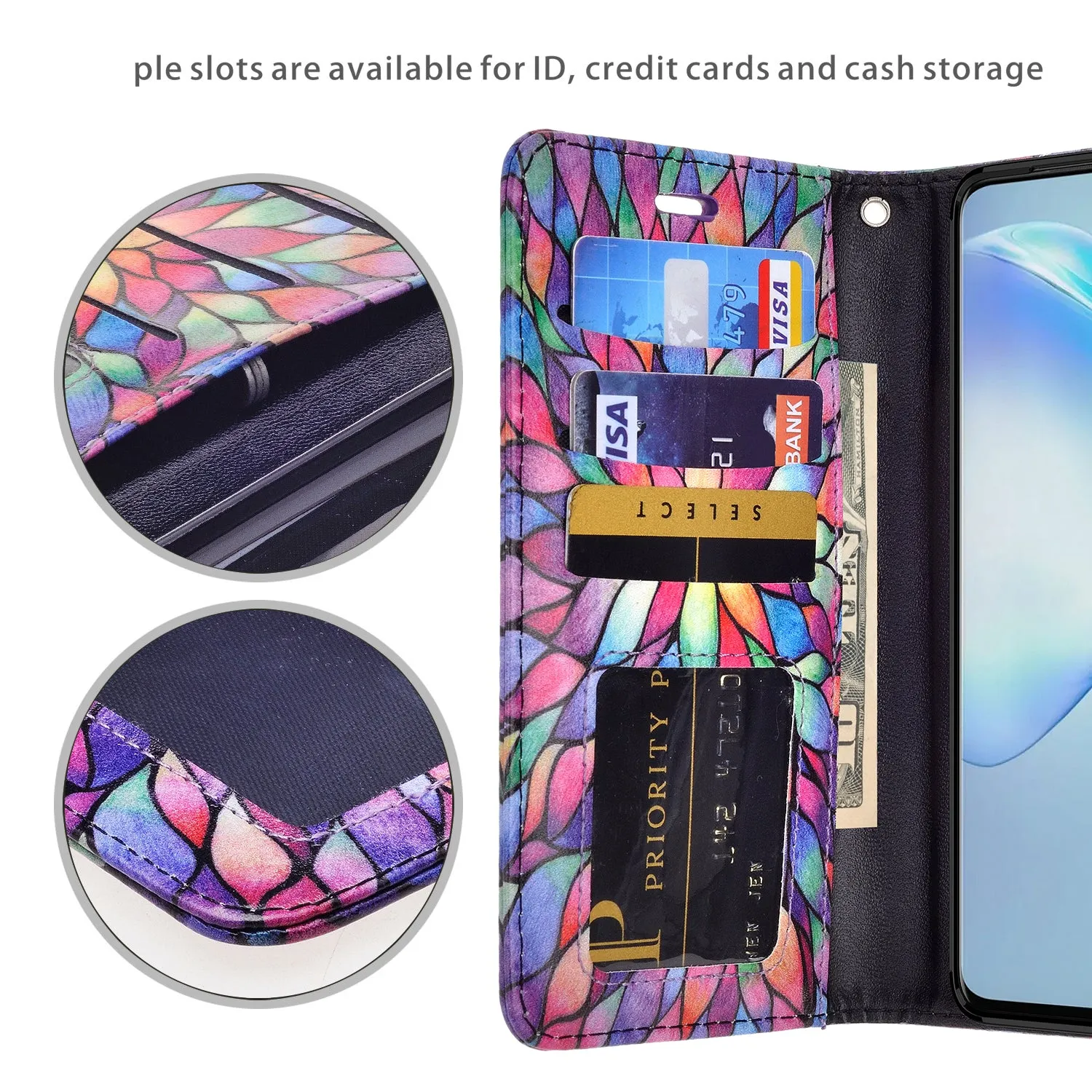 Samsung Galaxy S20 Case, Galaxy S20 Wallet Case, Wrist Strap Pu Leather Wallet Case [Kickstand] with ID & Credit Card Slots - Rainbow Flower