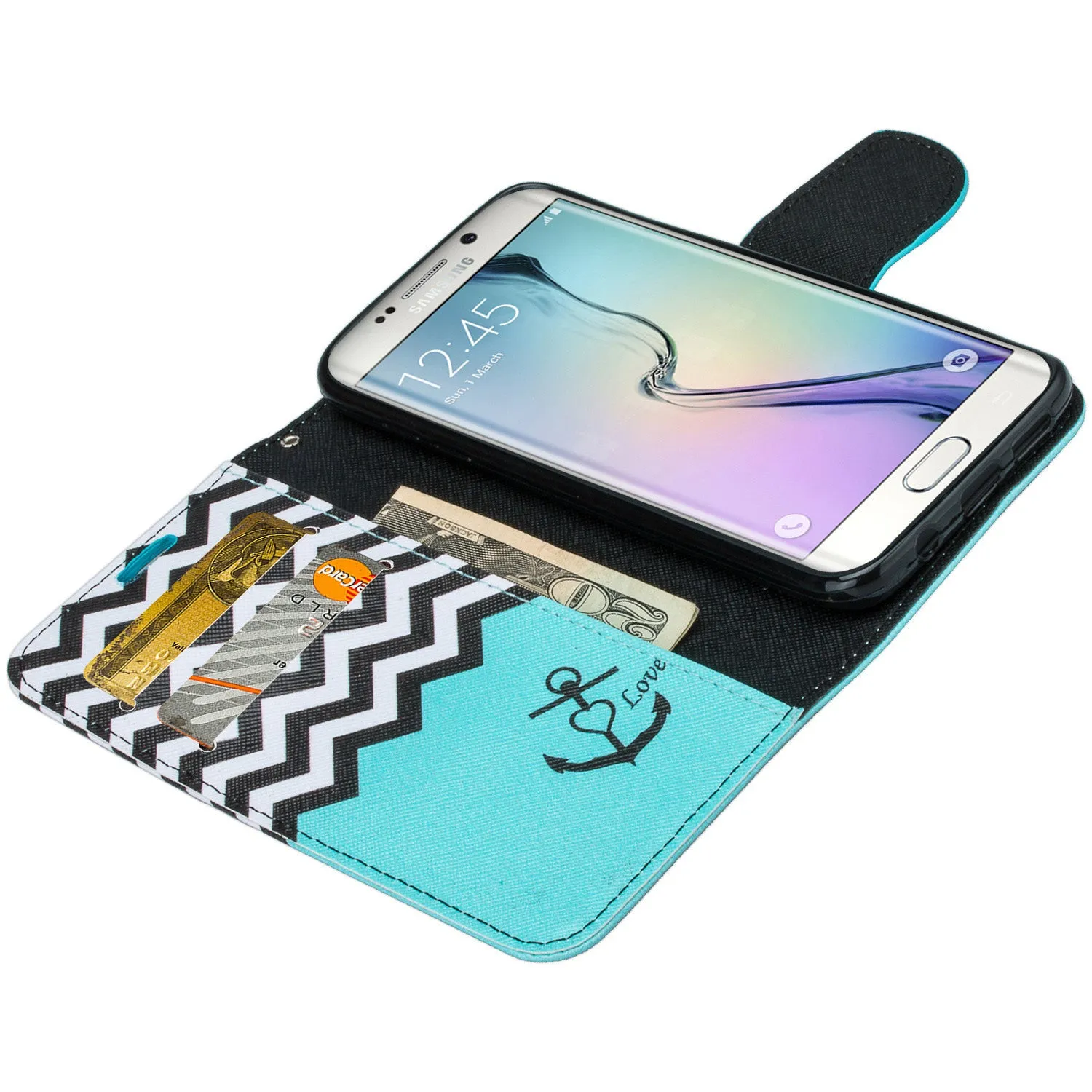 Samsung Galaxy S6 Active Wallet Case, Wrist Strap Flip Fold[Kickstand] Pu Leather Wallet Case with ID & Card Slots for Galaxy S6 Active- Teal Anchor