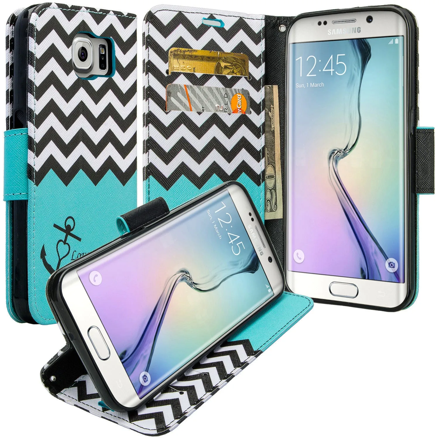 Samsung Galaxy S6 Active Wallet Case, Wrist Strap Flip Fold[Kickstand] Pu Leather Wallet Case with ID & Card Slots for Galaxy S6 Active- Teal Anchor