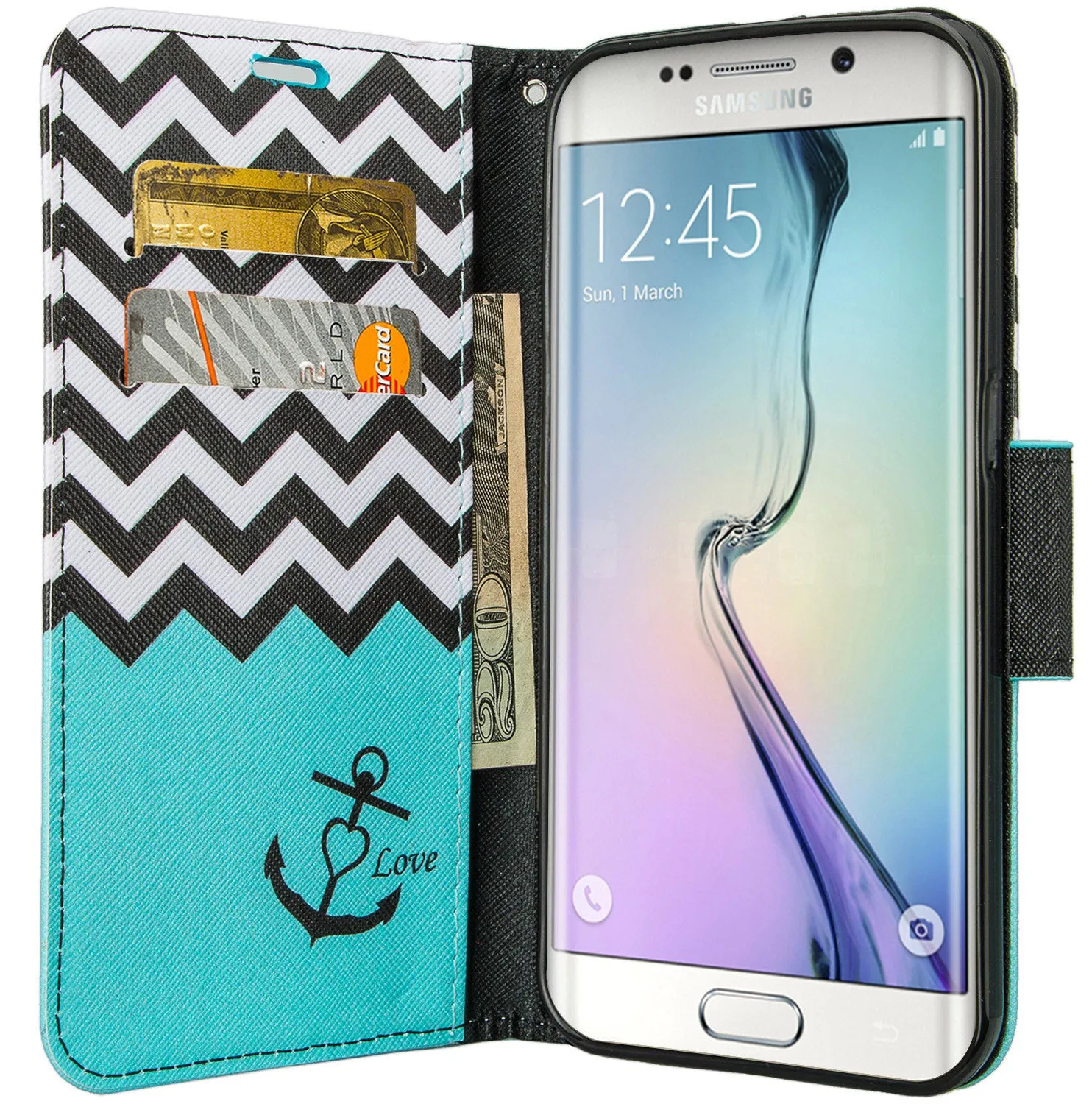 Samsung Galaxy S6 Active Wallet Case, Wrist Strap Flip Fold[Kickstand] Pu Leather Wallet Case with ID & Card Slots for Galaxy S6 Active- Teal Anchor