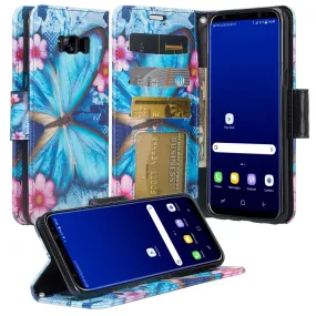 Samsung Galaxy S8 Plus Case, Wrist Strap Pu Leather Magnetic Fold[Kickstand] Wallet Case with ID & Credit Card Slots for Galaxy S8 Plus, SM-G955 - Blue Butterfly