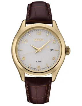 Seiko Mens Essentials Solar - Stainless Steel - White Dial - Brown Leather