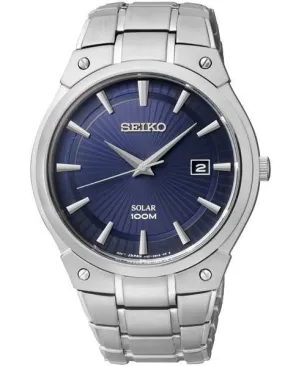 Seiko Mens Solar Dress Watch - Date Display - Blue Sunray Dial - Stainless Steel