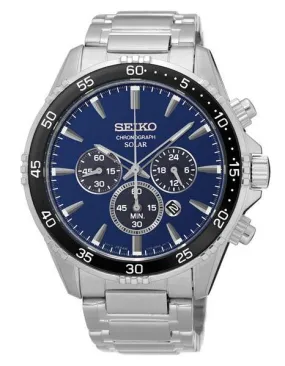 Seiko Solar Mens Chronograph - Blue Dial - Stainless Steel - Bracelet - Date