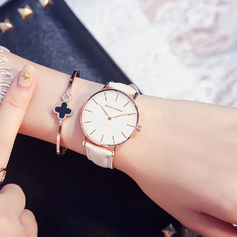 Simple White Dial Leather Strap Women's Watch