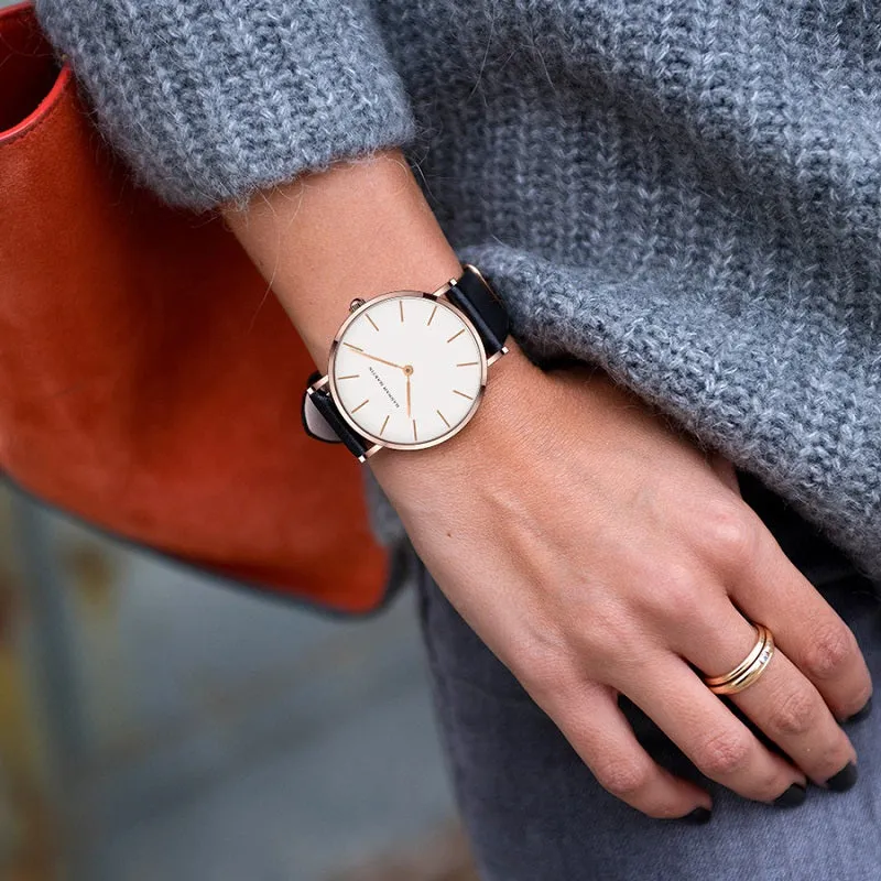 Simple White Dial Leather Strap Women's Watch