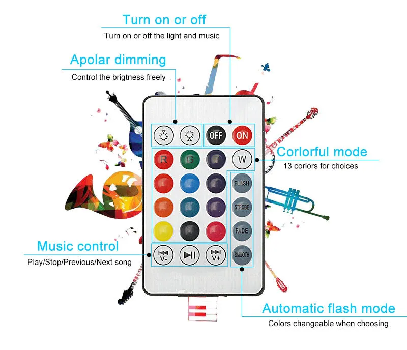 Smart RGB Bluetooth, Music Playing Wireless Led Lamp with 24 Keys Remote Control