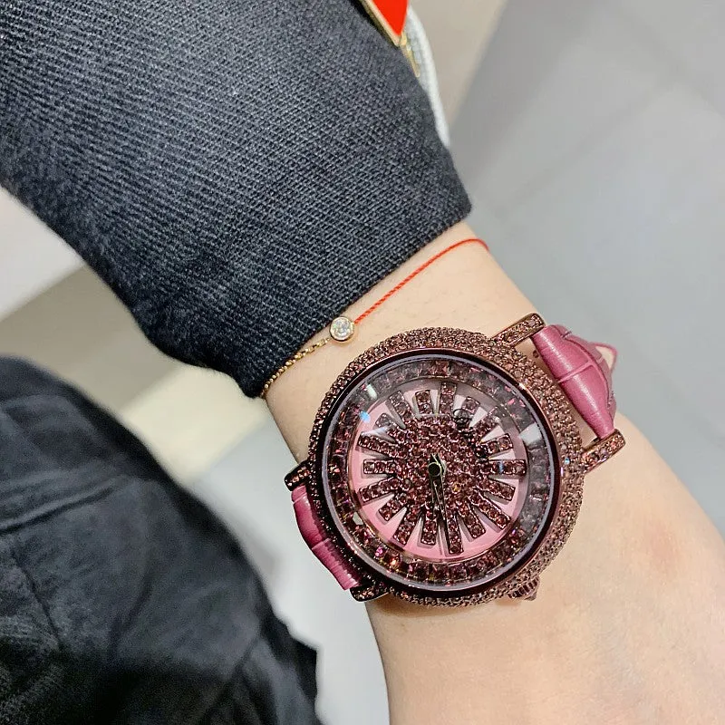 Snowflake Pattern Diamond Women's Leather Watch