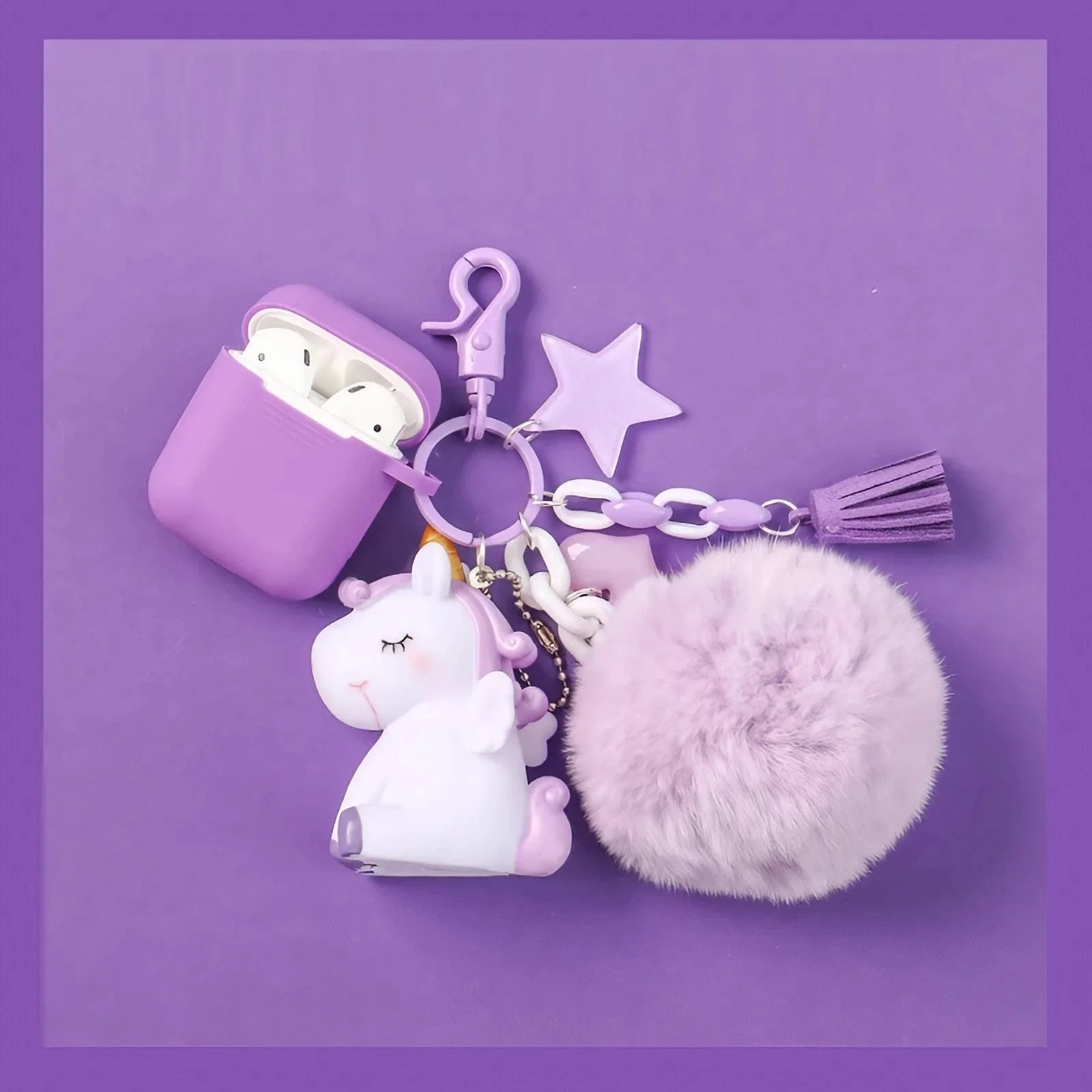 Solid Color AirPods Case with Unicorn Pendant and Pompon