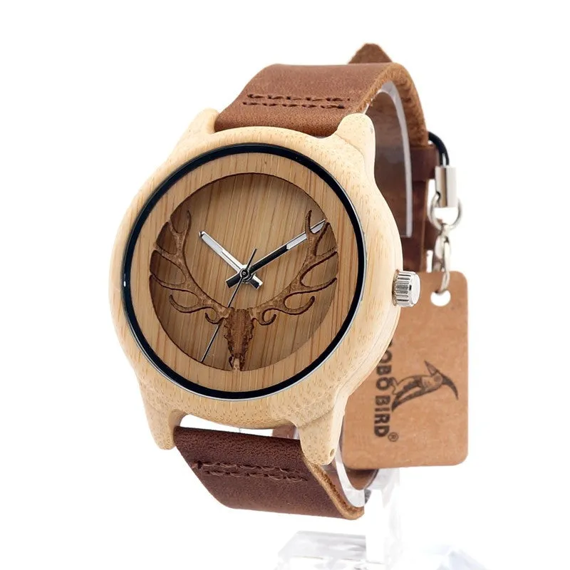 Vintage Deer Head Skeleton Design Bamboo Wrist Watch