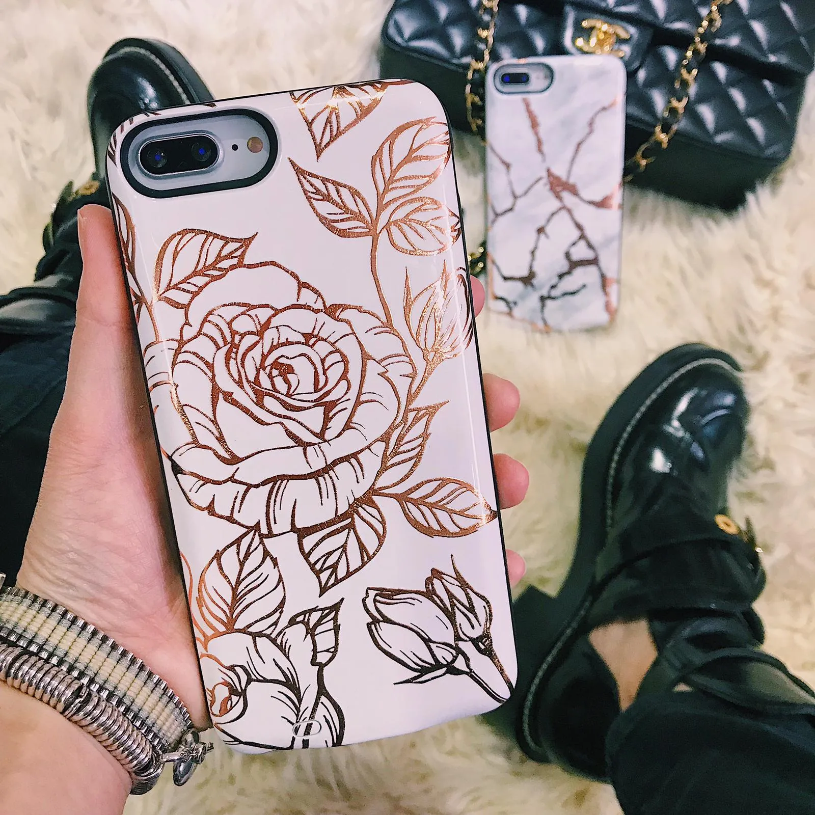 White & Gold Metallic Floral Battery Power Phone Case