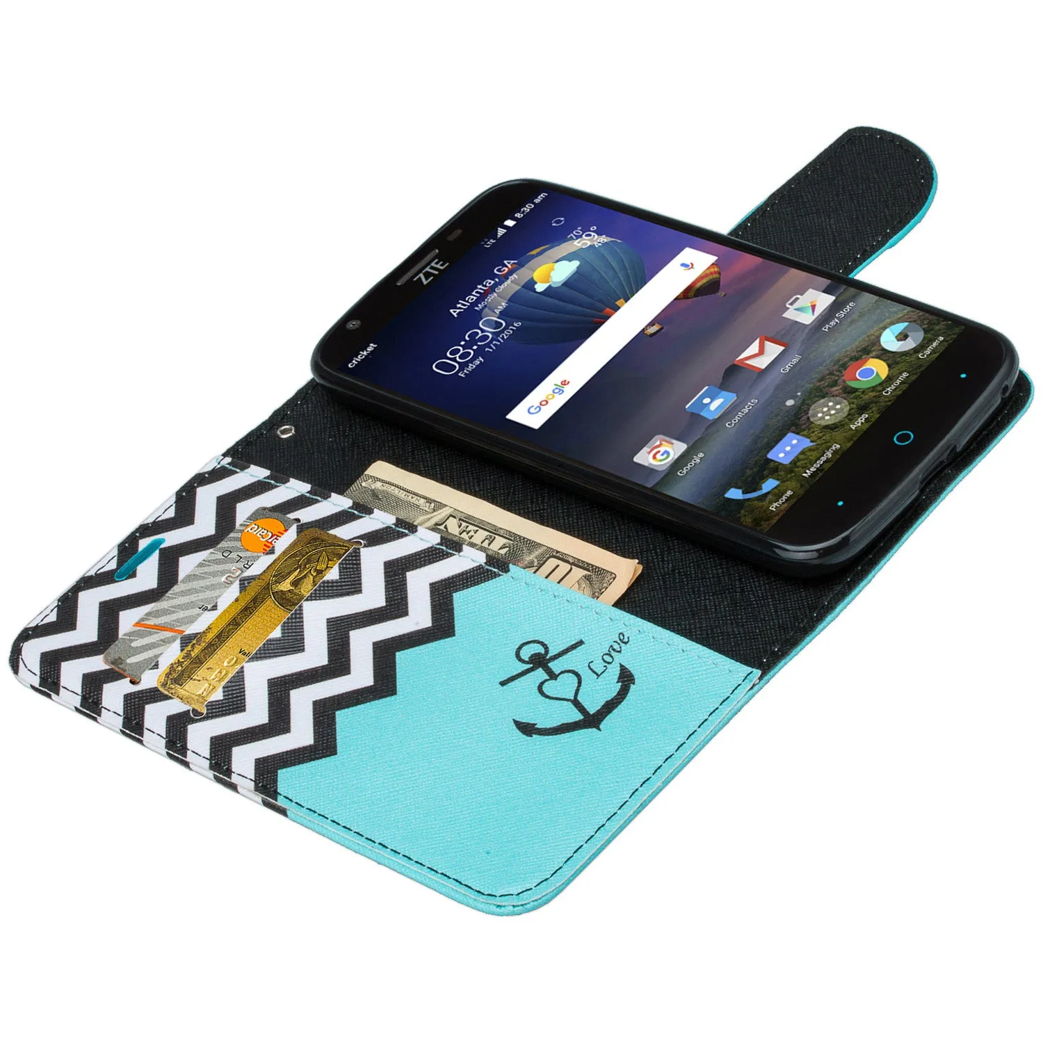 ZTE Grand X3, ZMAX Grand, ZMAX Champ, Warp 7, Avid 916 Case, Wrist Strap Magnetic Fold[Kickstand] Pu Leather Wallet Case Cover with ID & Credit Card Slots - Teal Anchor