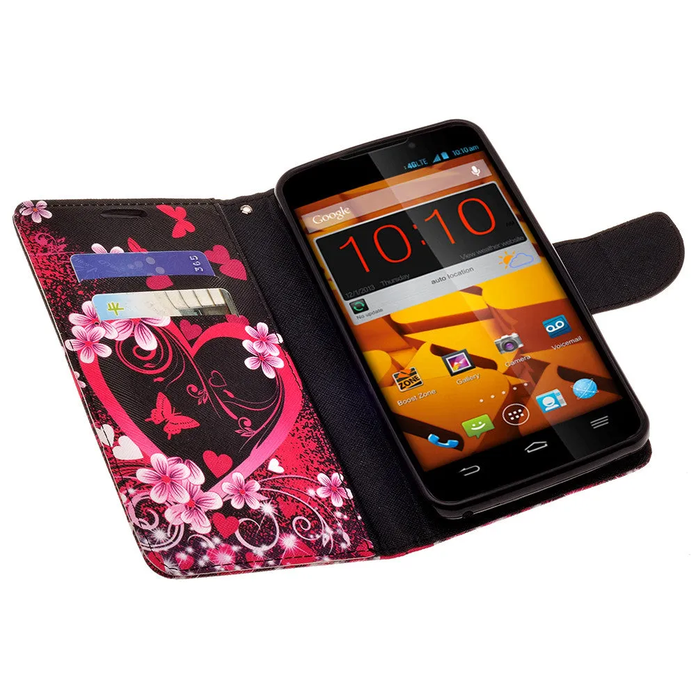 ZTE Max | N9520 | Boost Max Case, Wrist Strap Magnetic Flip Fold[Kickstand] Pu Leather Wallet Case with ID & Card Slots - Heart Butterflies