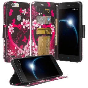 ZTE Sequoia | Blade Z Max | ZTE Z982 Case, Wrist Strap Pu Leather Magnetic Flip[Kickstand] Wallet Case Cover with ID & Card Slots - Heart Butterflies