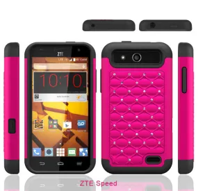 ZTE Speed Rhinestone Case , Slim Hybrid Dual Layer[Shock Resistant] Crystal Rhinestone Studded Case Cover - Hot Pink/Black