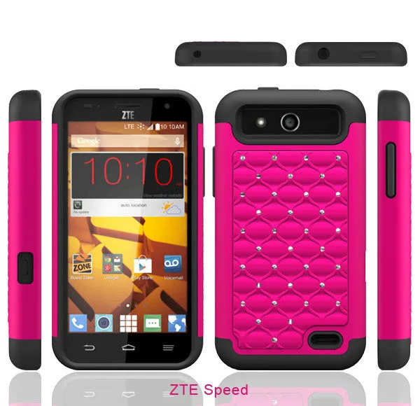 ZTE Speed Rhinestone Case , Slim Hybrid Dual Layer[Shock Resistant] Crystal Rhinestone Studded Case Cover - Hot Pink/Black